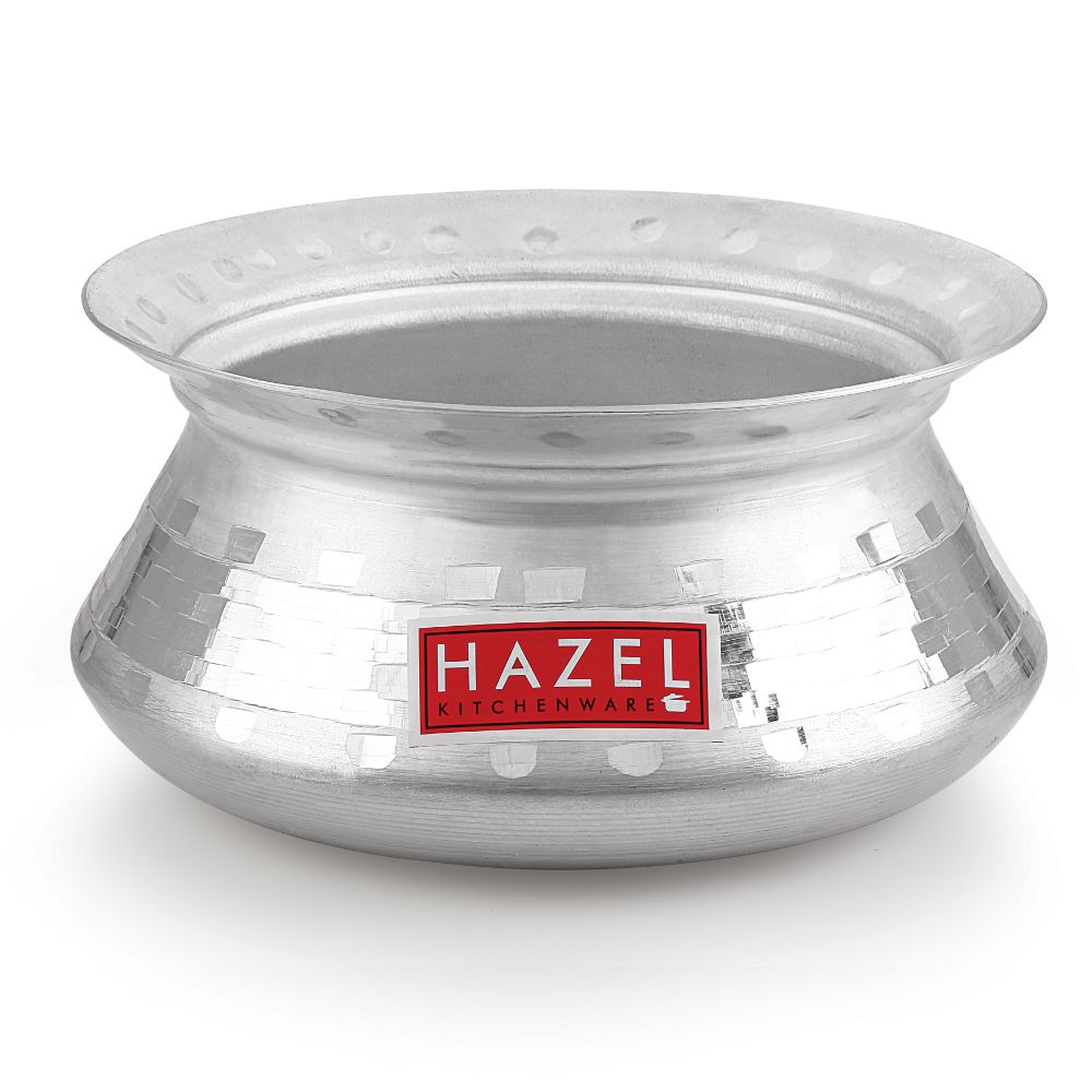 HAZEL Aluminium Handi with Lid Machine Hammered Finish Biryani Rice Cooking Pot Dhari Patiya Tope Patila Vessel, 24 cm, 3200 ML