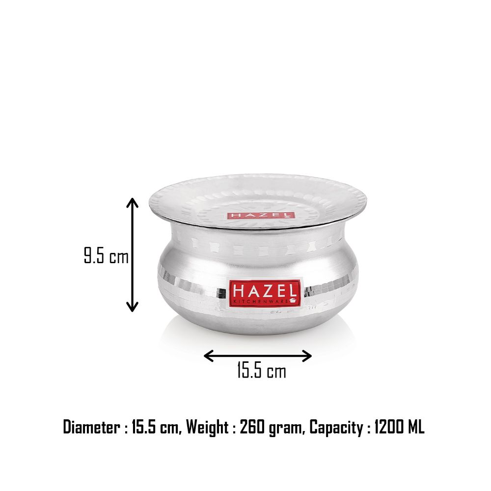 HAZEL Aluminium Handi with Lid Machine Hammered Finish Biryani Rice Cooking Pot GOL Patiya Tope Patila Vessel, 15.5 cm, 1200 ML Silver