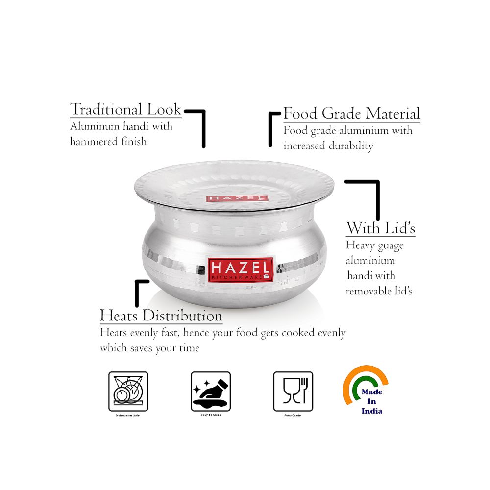 HAZEL Aluminium Handi with Lid Machine Hammered Finish Biryani Rice Cooking Pot GOL Patiya Tope Patila Vessel, 19 cm, 2600 ML