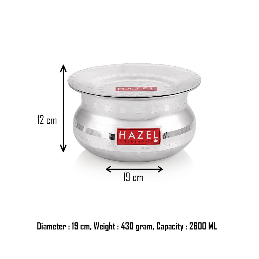HAZEL Aluminium Handi with Lid Machine Hammered Finish Biryani Rice Cooking Pot GOL Patiya Tope Patila Vessel, 19 cm, 2600 ML