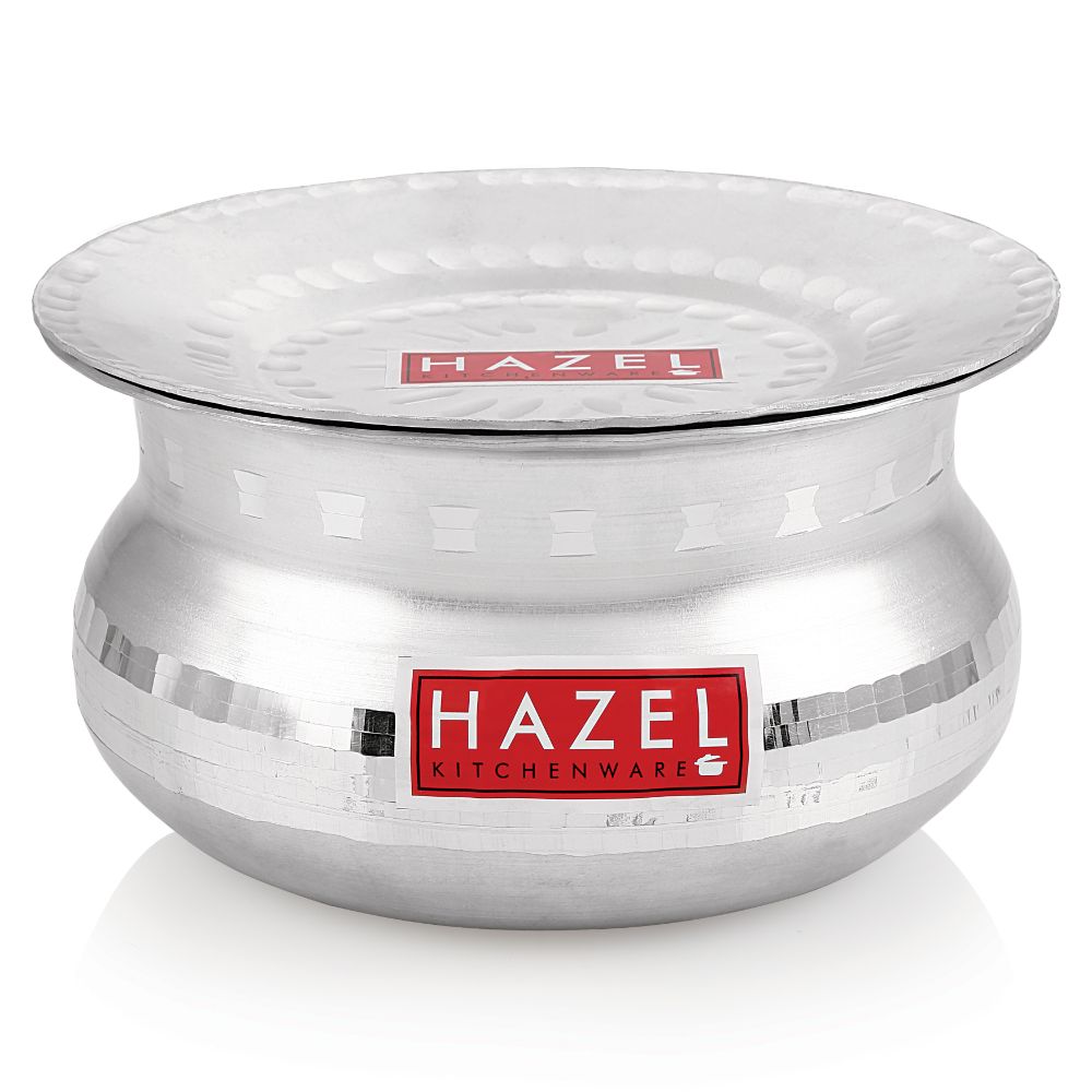 HAZEL Aluminium Handi with Lid Machine Hammered Finish Biryani Rice Cooking Pot GOL Patiya Tope Patila Vessel, 19 cm, 2600 ML