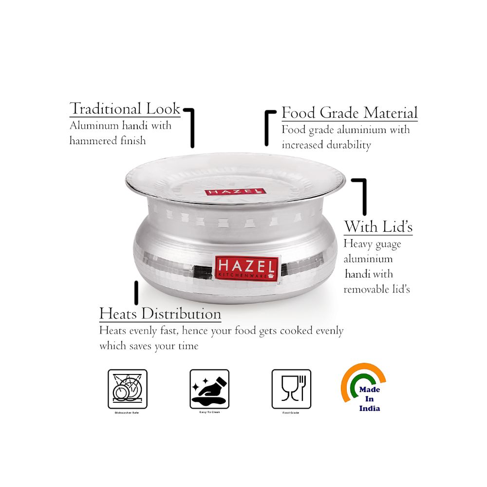 HAZEL Aluminium Handi with Lid Machine Hammered Finish Biryani Rice Cooking Pot GOL Patiya Tope Patila Vessel, 21.5 cm, 2900 ML