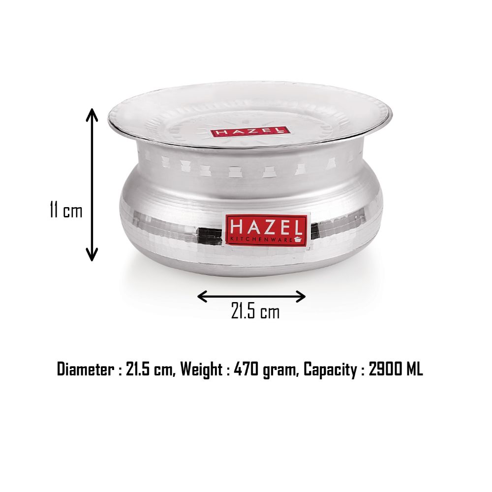 HAZEL Aluminium Handi with Lid Machine Hammered Finish Biryani Rice Cooking Pot GOL Patiya Tope Patila Vessel, 21.5 cm, 2900 ML