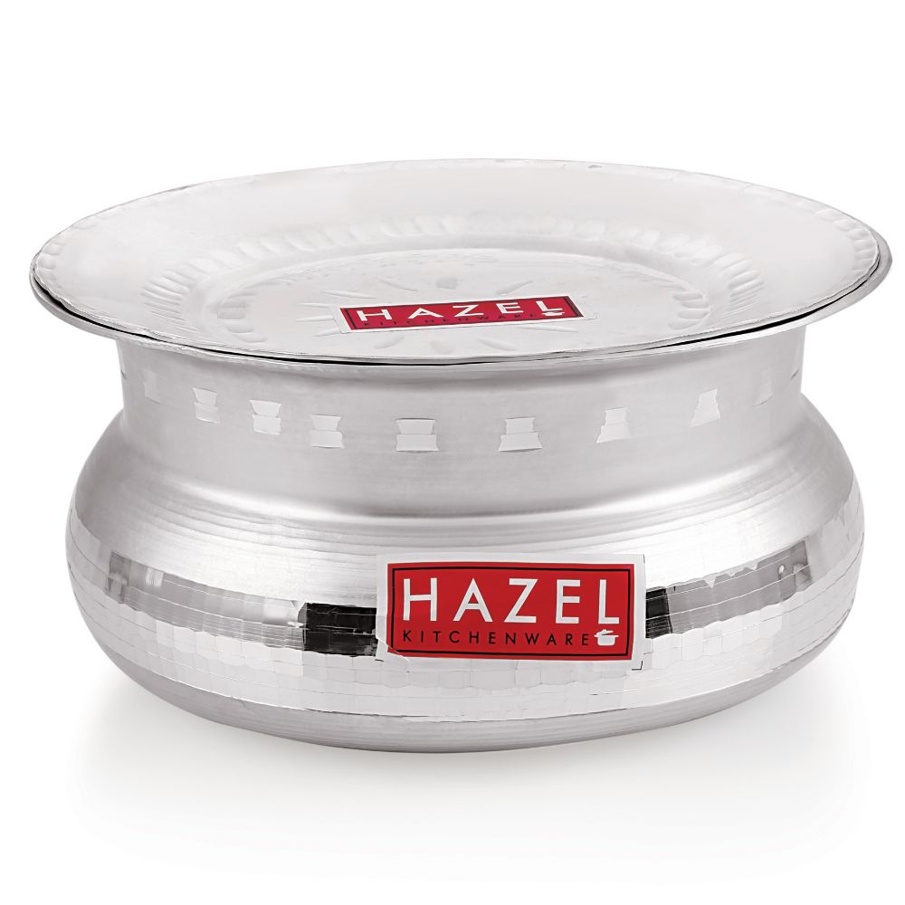 HAZEL Aluminium Handi with Lid Machine Hammered Finish Biryani Rice Cooking Pot GOL Patiya Tope Patila Vessel, 21.5 cm, 2900 ML