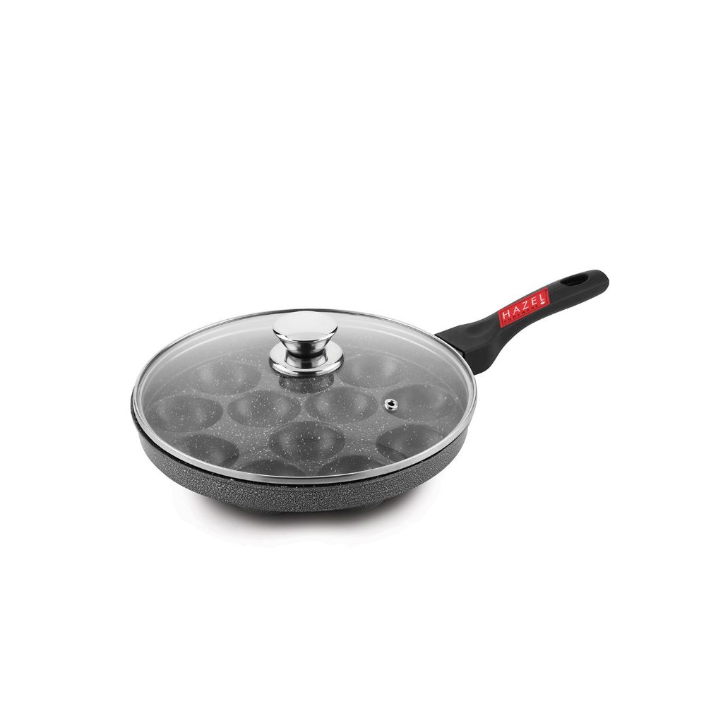HAZEL Marvy Appe Maker Non Stick | Appe Pan Non Stick with Glass Lid | Aluminium Appam Chatty Maker Tawa with 12 Cavity | Hommade Appam Making Tool
