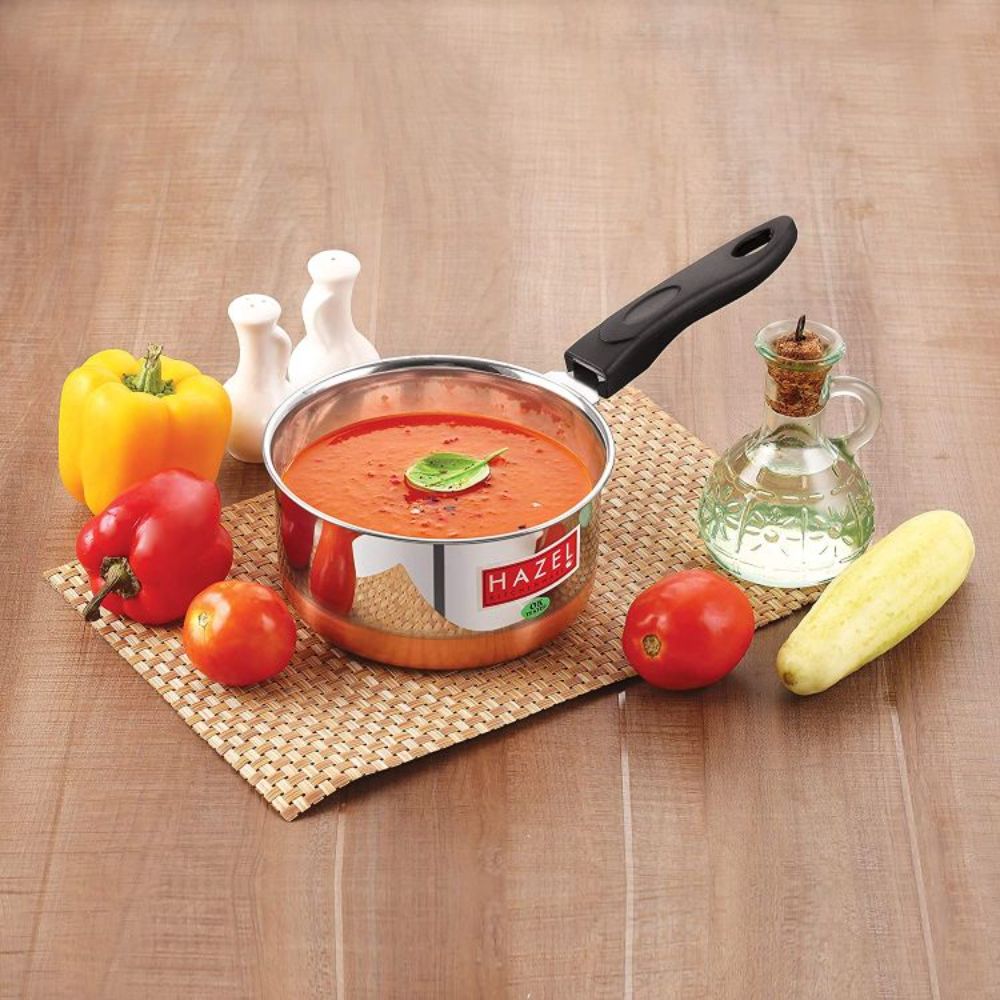 HAZEL Steel Sauce Pan |Alfa Premium Heavy Gauge Tea Pot, 1500 ML | Stainless Steel Sauce Pan | Cookware with Copper Bottom | Milk Pan with Copper Bottom