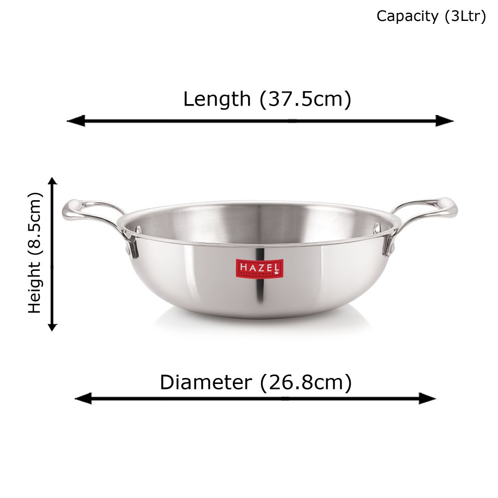 HAZEL Triply Stainless Steel Kadai | Triply Kadai Steel, 3 litres | Induction Bottom Triply Cookware for Gas and Induction Cooktop | Multipurpose Kadai, Ideal for Daily Use