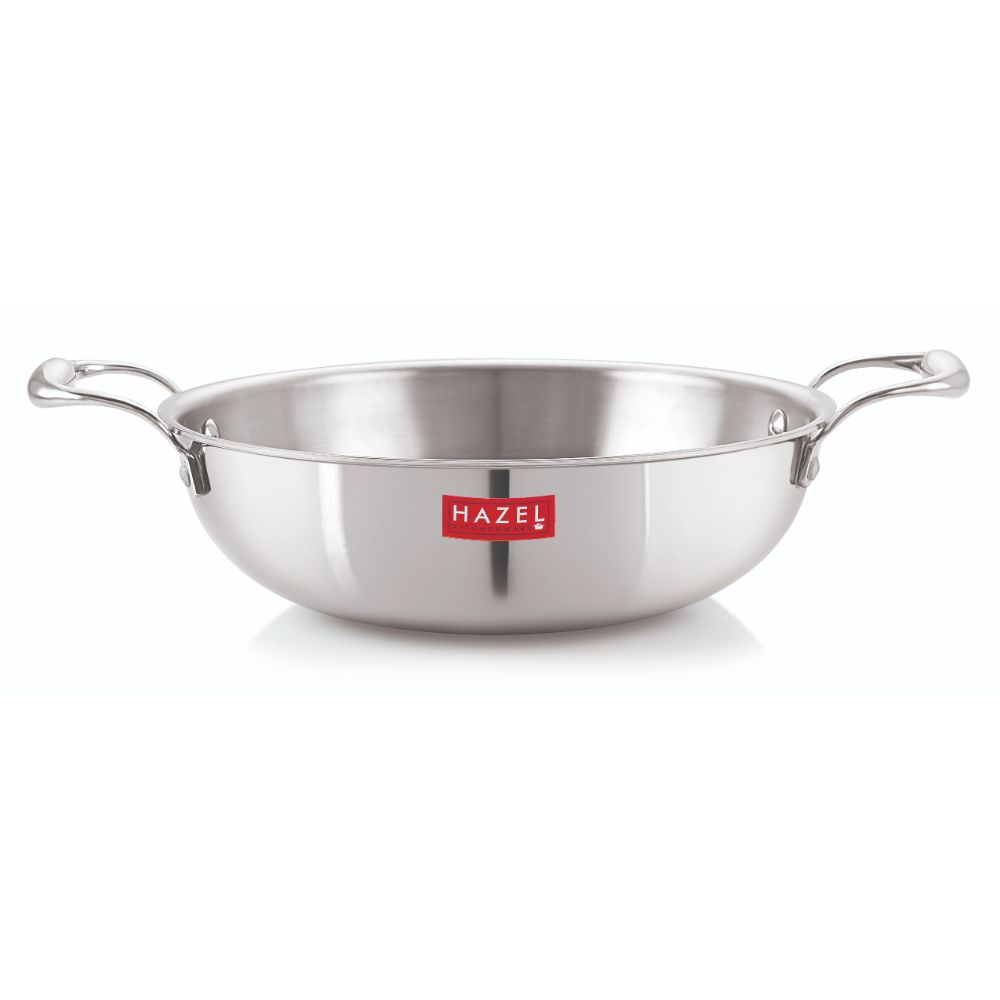 HAZEL Triply Stainless Steel Kadai | Triply Kadai Steel, 3 litres | Induction Bottom Triply Cookware for Gas and Induction Cooktop | Multipurpose Kadai, Ideal for Daily Use