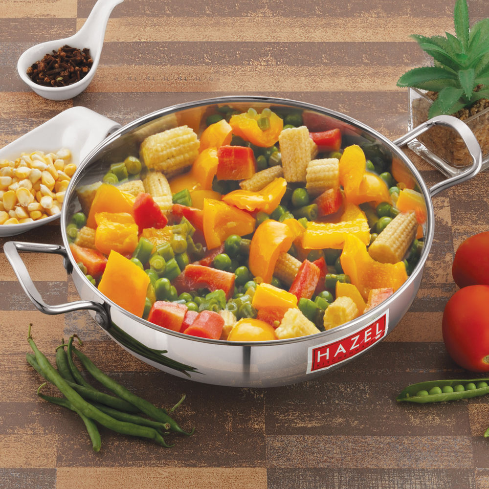 HAZEL Stainless Steel Induction Bottom Kadhai, 25 cm, Silver
