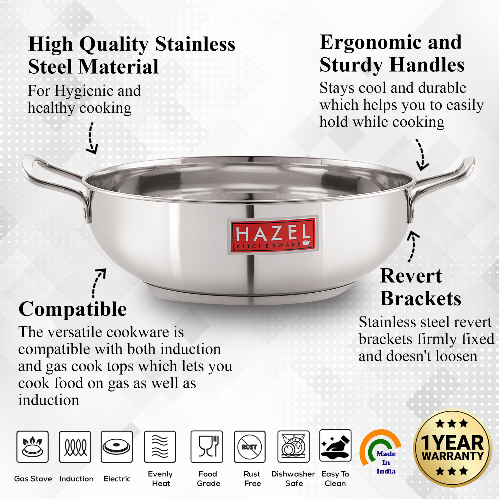 HAZEL Stainless Steel Induction Bottom Kadhai, 25 cm, Silver