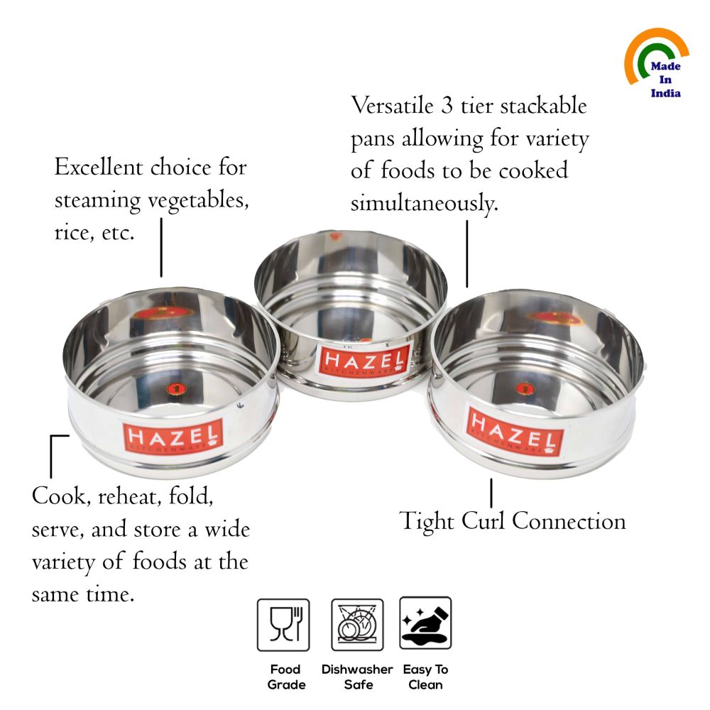 HAZEL Alfa Stainless Steel Stackable Separator Dabba For 8 Ltr Pressure Cooker - 16.5 Cm, Silver , Set Of 3, 8 Liter