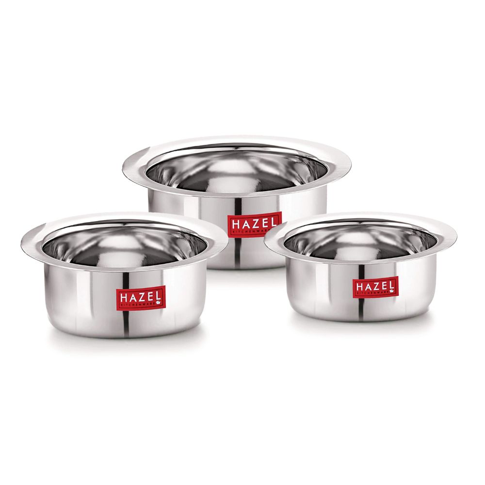 HAZEL Small Utensils Set for Kitchen I Set of 3, 350 ml, 500 ml & 800 ml I Stainless Steel Mini Tope Set with Flat Bottom I Small Boiling Vessels, Multipurpose Steel Bhagona