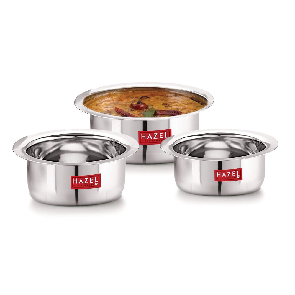HAZEL Small Utensils Set for Kitchen I Set of 3, 350 ml, 500 ml & 800 ml I Stainless Steel Mini Tope Set with Flat Bottom I Small Boiling Vessels, Multipurpose Steel Bhagona