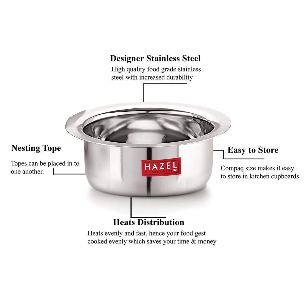 HAZEL Small Utensils Set for Kitchen I Set of 3, 350 ml, 500 ml & 800 ml I Stainless Steel Mini Tope Set with Flat Bottom I Small Boiling Vessels, Multipurpose Steel Bhagona
