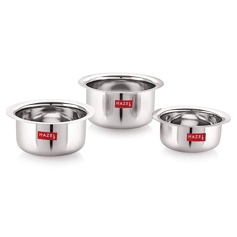 Hazel Utensils Set For Kitchen By Hazel I Steel Handi With Round Bottom, Set Of 3, 300 ML, 500 ML & 800 ML I Boiling Vessels, Multipurpose Steel Bhagona