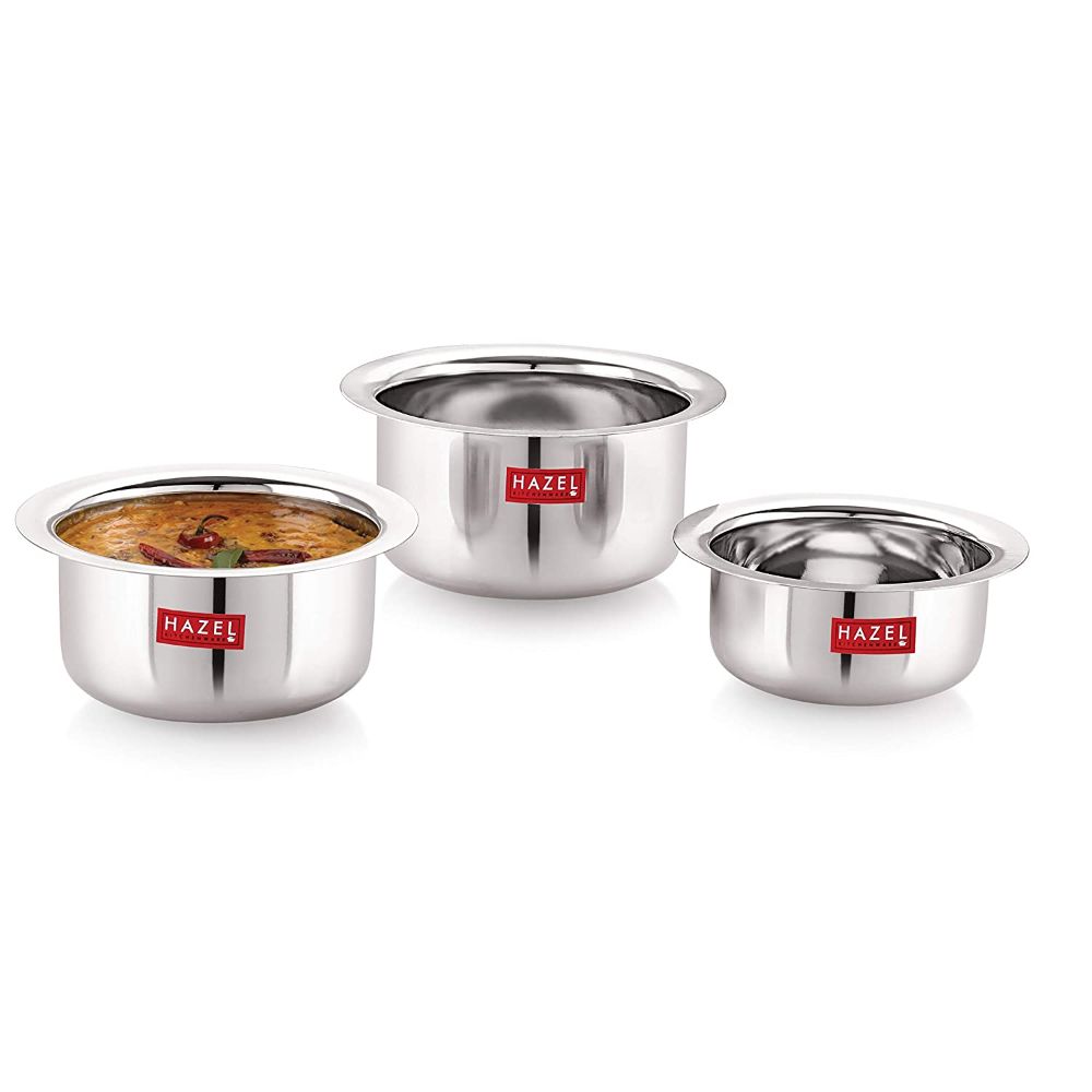 Hazel Utensils Set For Kitchen By Hazel I Steel Handi With Round Bottom, Set Of 3, 300 ML, 500 ML & 800 ML I Boiling Vessels, Multipurpose Steel Bhagona
