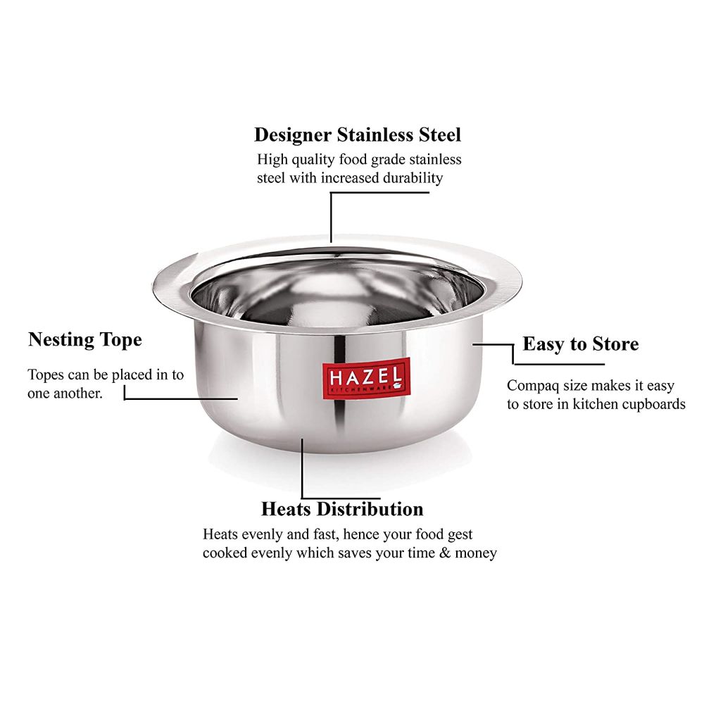 Hazel Utensils Set For Kitchen By Hazel I Steel Handi With Round Bottom, Set Of 3, 300 ML, 500 ML & 800 ML I Boiling Vessels, Multipurpose Steel Bhagona