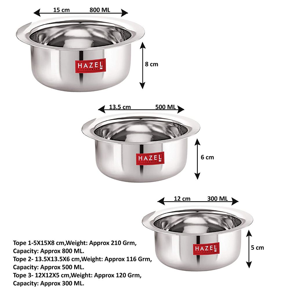 Hazel Utensils Set For Kitchen By Hazel I Steel Handi With Round Bottom, Set Of 3, 300 ML, 500 ML & 800 ML I Boiling Vessels, Multipurpose Steel Bhagona