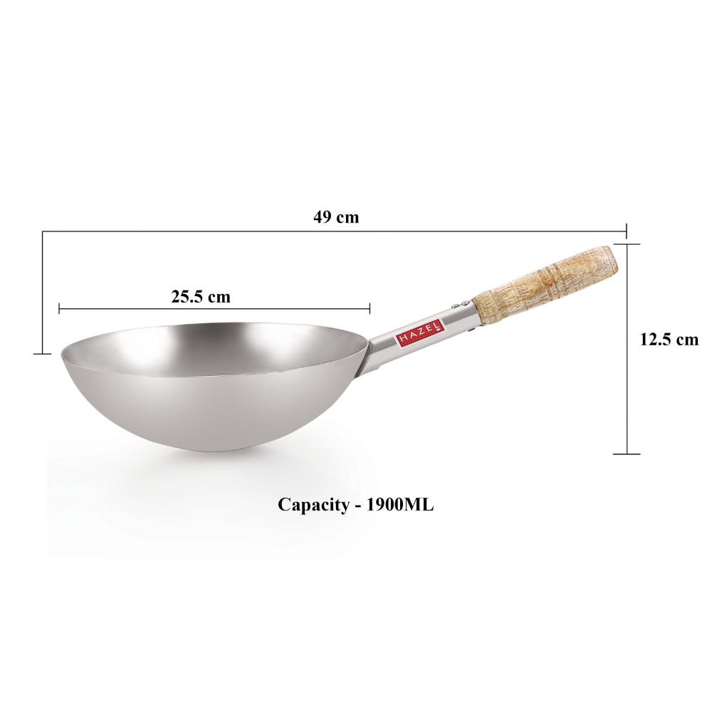 HAZEL Chinese Wok with Wooden Handle | Stainless Steel Deep Frying Pan