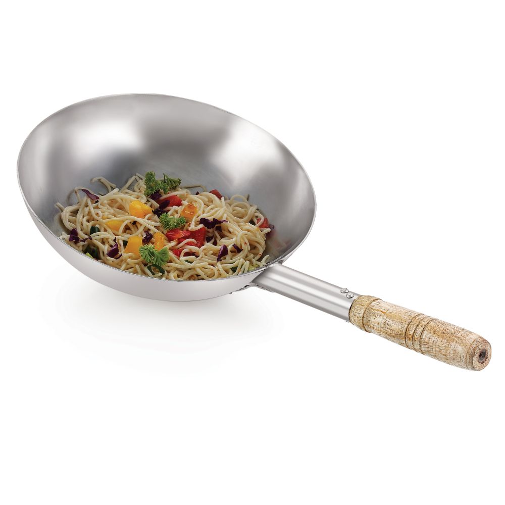 HAZEL Chinese Wok with Wooden Handle | Stainless Steel Deep Frying Pan