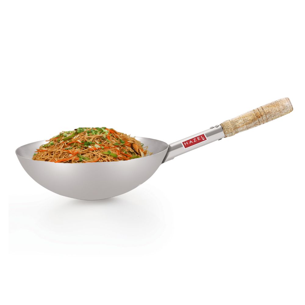 HAZEL Chinese Wok with Wooden Handle | Stainless Steel Deep Frying Pan