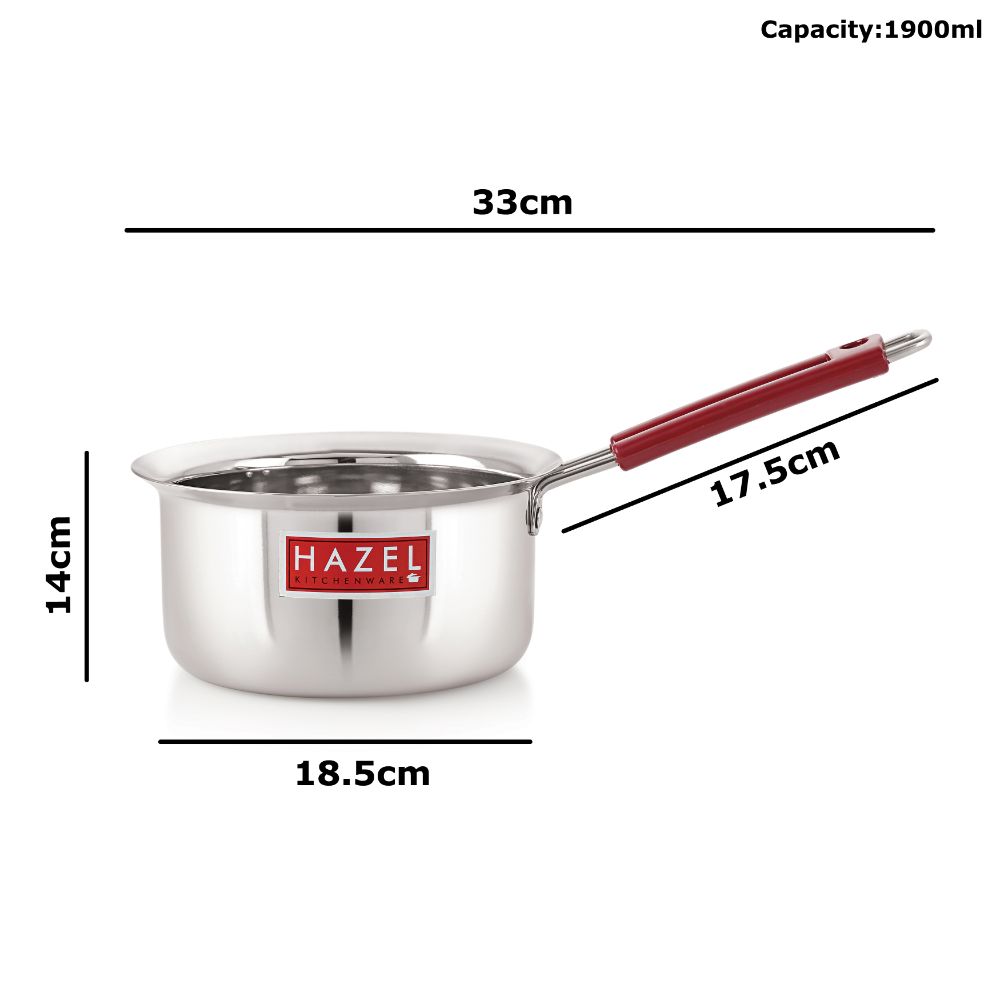 HAZEL Stainless Steel Milk Saucepan Tea Pan with Fixed Rubber Grip Handle, 1900 ML, Silver