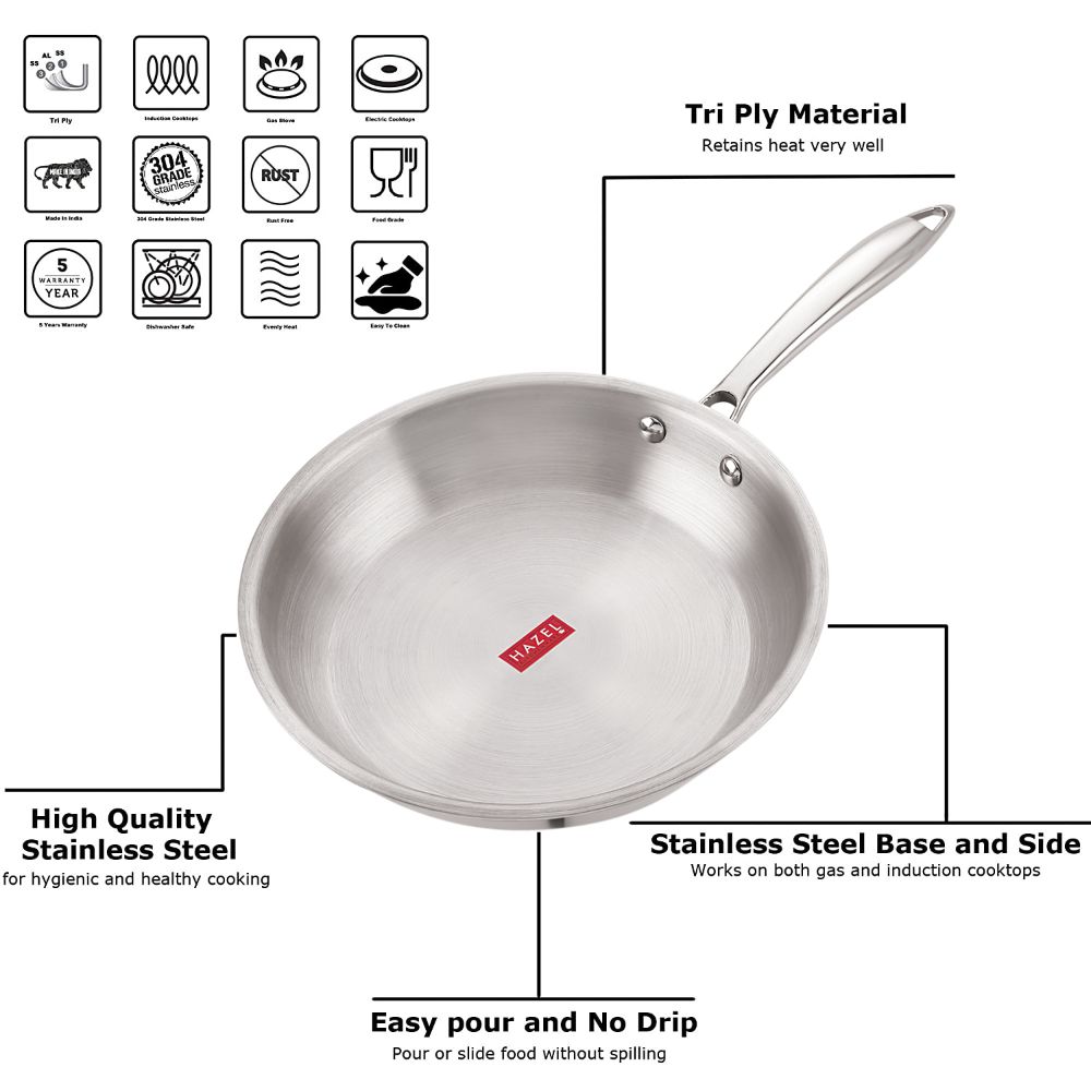 HAZEL Triply Stainless Steel Induction Bottom Fry Pan, 1.8 Litre, 24 cm