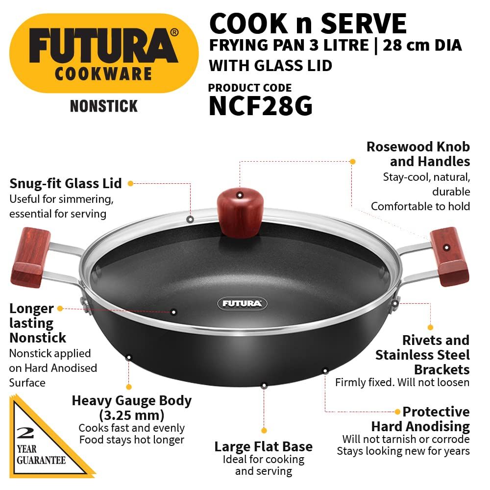 Hawkins Futura 3 Litre Cook n Serve Frying Pan, Non Stick Frying Pan with Glass Lid, Big Frying Pan, Black (NCF28G)