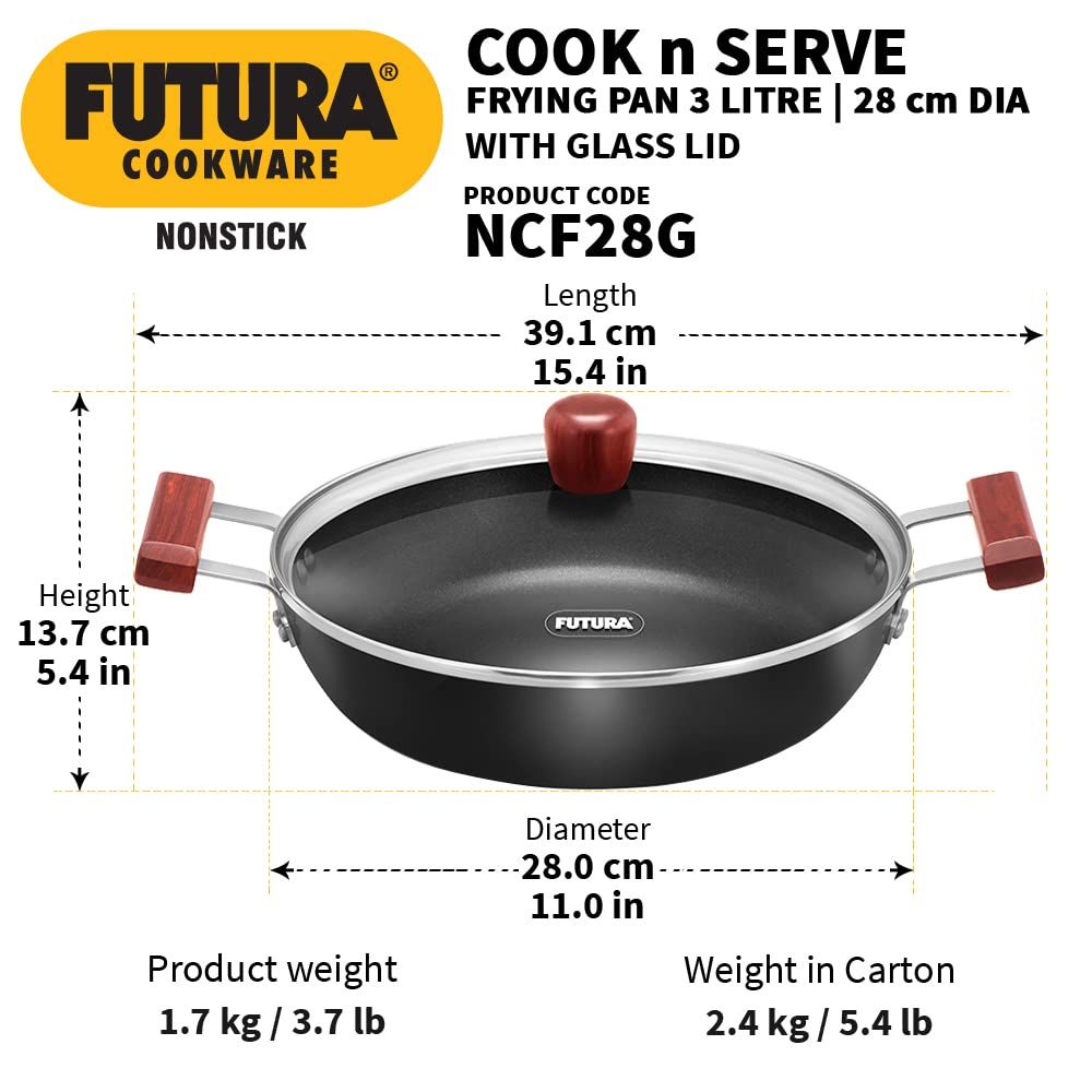 Hawkins Futura 3 Litre Cook n Serve Frying Pan, Non Stick Frying Pan with Glass Lid, Big Frying Pan, Black (NCF28G)