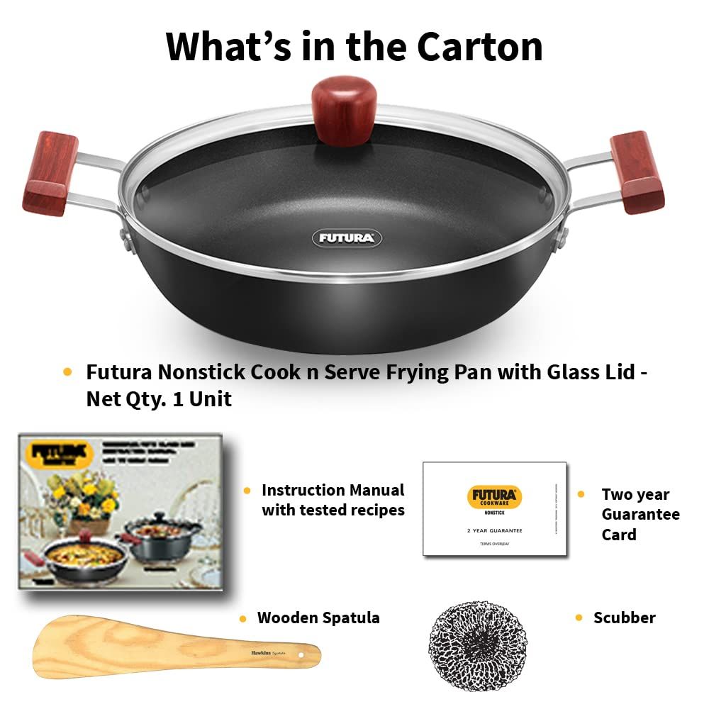 Hawkins Futura 3 Litre Cook n Serve Frying Pan, Non Stick Frying Pan with Glass Lid, Big Frying Pan, Black (NCF28G)