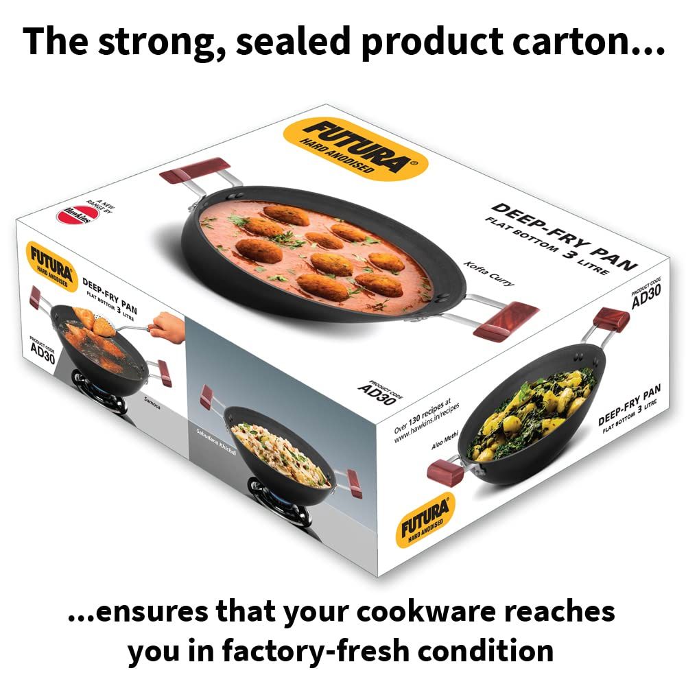 Hawkins Futura 3 Litre Deep Fry Pan, Hard Anodised Kadai, Flat Bottom Kadhai, Black (AD30)
