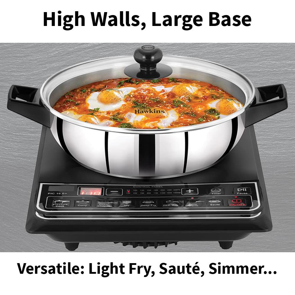 Hawkins 3 Litre Cook n Serve Frying Pan, Stainless Steel Fry Pan with Glass Lid, Induction Frying Pan, Frypan for Cooking and Serving, Silver (SSF3LG)