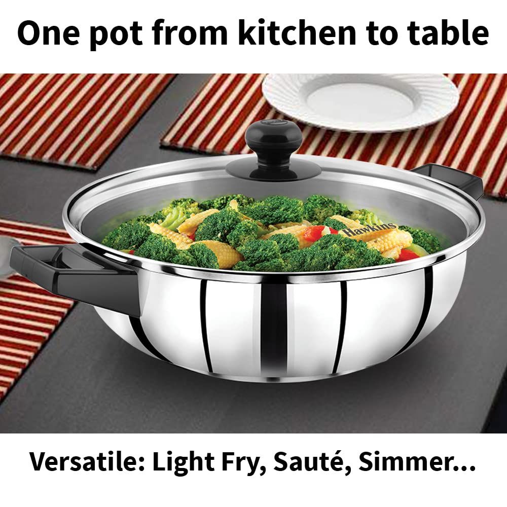 Hawkins 3 Litre Cook n Serve Frying Pan, Stainless Steel Fry Pan with Glass Lid, Induction Frying Pan, Frypan for Cooking and Serving, Silver (SSF3LG)