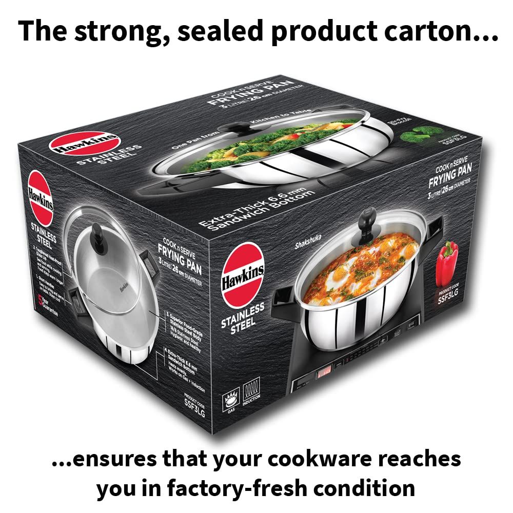 Hawkins 3 Litre Cook n Serve Frying Pan, Stainless Steel Fry Pan with Glass Lid, Induction Frying Pan, Frypan for Cooking and Serving, Silver (SSF3LG)