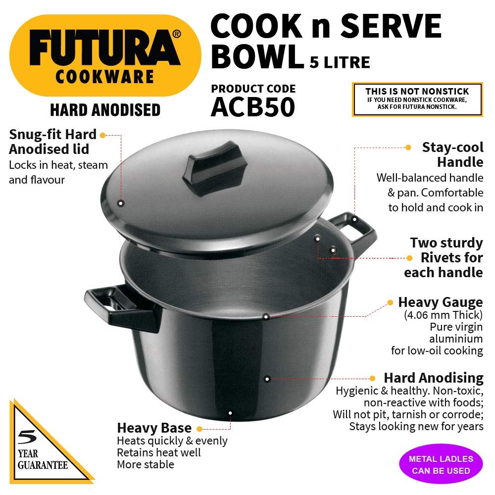 Hawkins Futura Hard Anodised Cook-n-Serve Bowl 5 L, 23 cm, 4.06 mm, Aluminium, Black