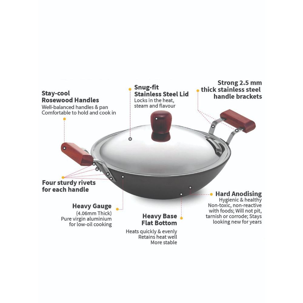 Hawkins Futura 3.75 Litre Deep Fry Pan, Hard Anodised Kadai with Stainless Steel Lid, Flat Bottom Kadhai, Black (AD375S)