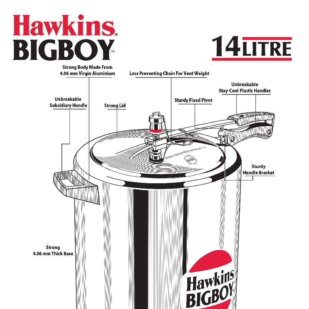 Hawkins Bigboy Aluminium Inner Lid Pressure Cooker, 14 Litre, Silver (Bb14), 14 Liter
