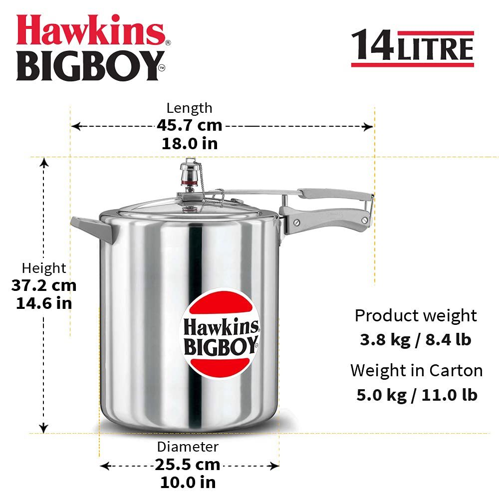 Hawkins Bigboy Aluminium Inner Lid Pressure Cooker, 14 Litre, Silver (Bb14), 14 Liter