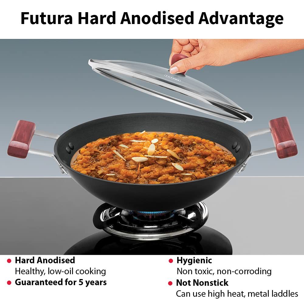 Hawkins Futura 2 Litre Deep Fry Pan, Hard Anodised Kadai with Glass Lid, Flat Bottom Kadhai, Black (AD20G)