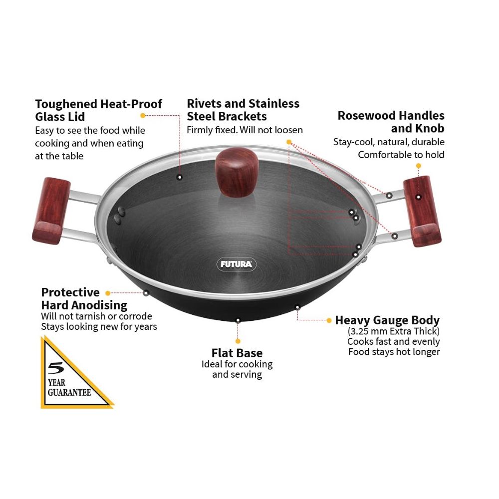 Hawkins Futura 2 Litre Deep Fry Pan, Hard Anodised Kadai with Glass Lid, Flat Bottom Kadhai, Black (AD20G)
