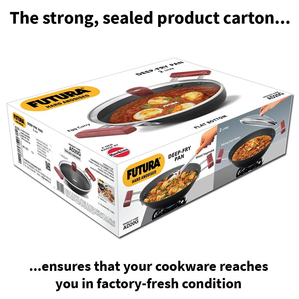 Hawkins Futura 2 Litre Deep Fry Pan, Hard Anodised Kadai with Glass Lid, Flat Bottom Kadhai, Black (AD20G)