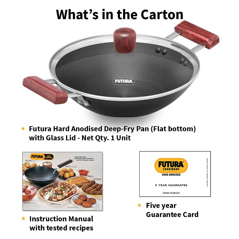 Hawkins Futura 2 Litre Deep Fry Pan, Hard Anodised Kadai with Glass Lid, Flat Bottom Kadhai, Black (AD20G)