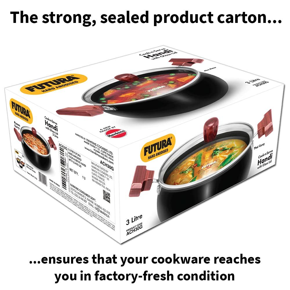 Hawkins Futura 3 Litre Cook n Serve Handi, Hard Anodised Biryani Handi with Glass Lid, Saucepan, Sauce Pan, Black (ACH30G)