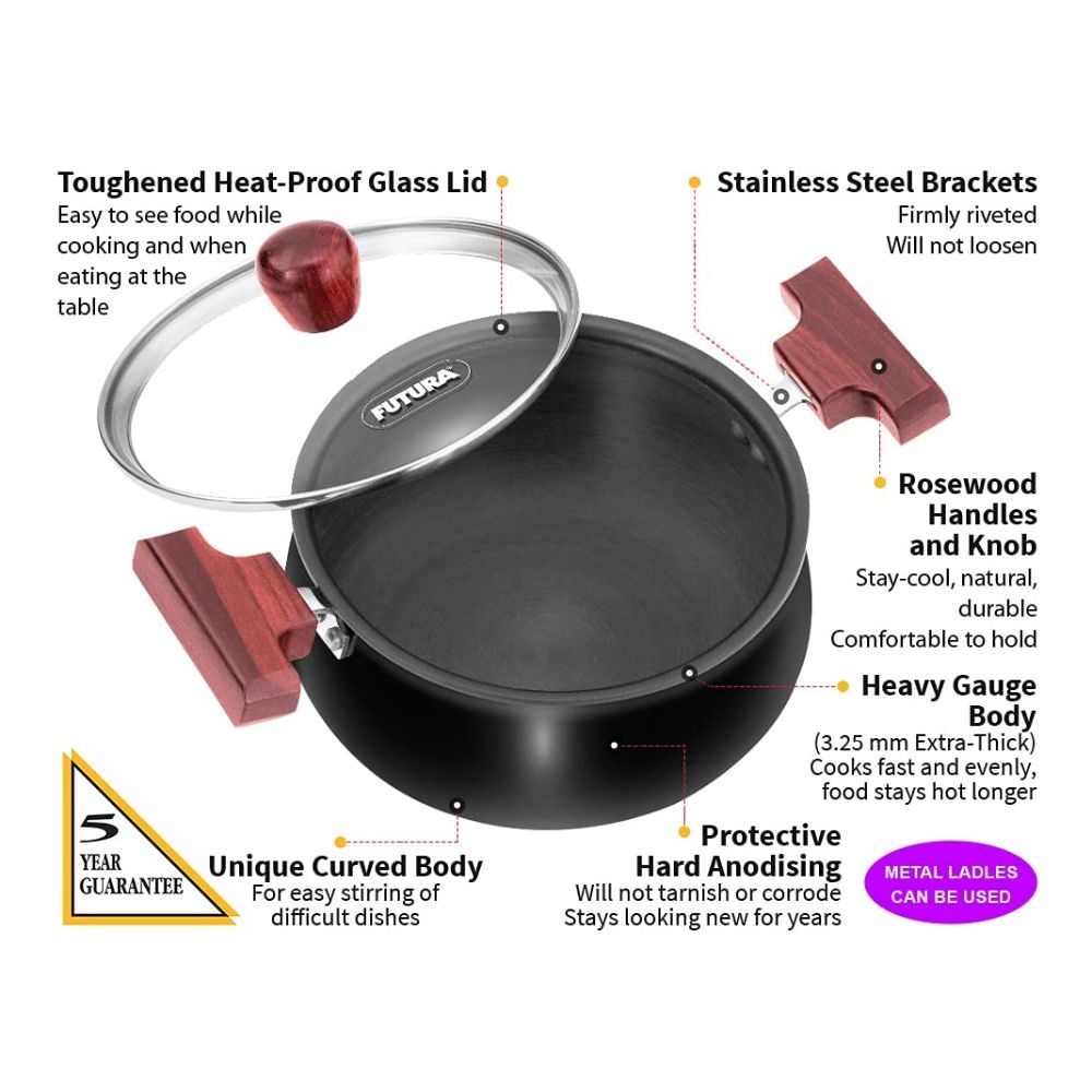 Hawkins Futura 2 Litre Cook n Serve Handi, Hard Anodised Biryani Handi with Glass Lid, Saucepan, Sauce Pan, Black (ACH20G)