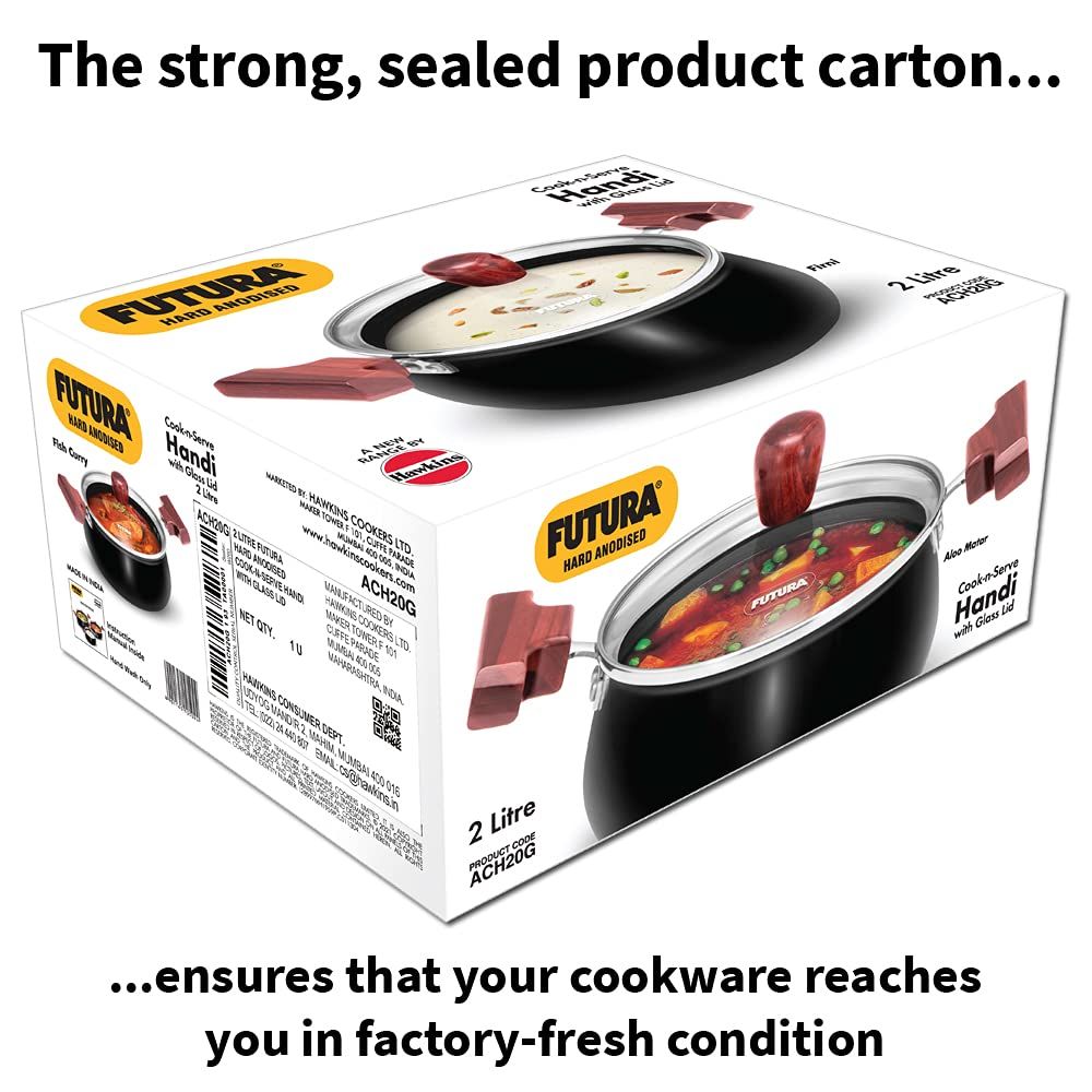 Hawkins Futura 2 Litre Cook n Serve Handi, Hard Anodised Biryani Handi with Glass Lid, Saucepan, Sauce Pan, Black (ACH20G)