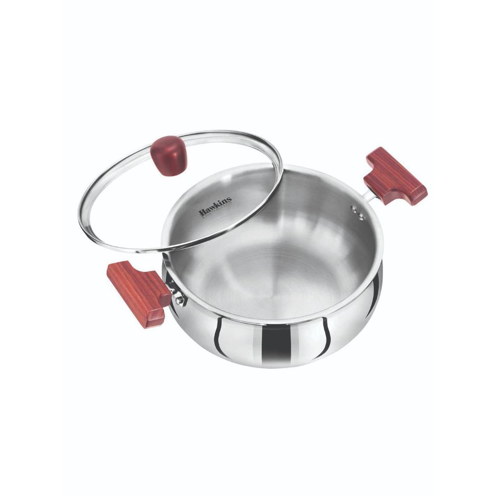 Hawkins 3 Litre Cook n Serve Handi, Triply Stainless Steel Handi with Glass Lid, Induction Sauce Pan, Biryani Handi, Saucepan, Silver (SSH30G)