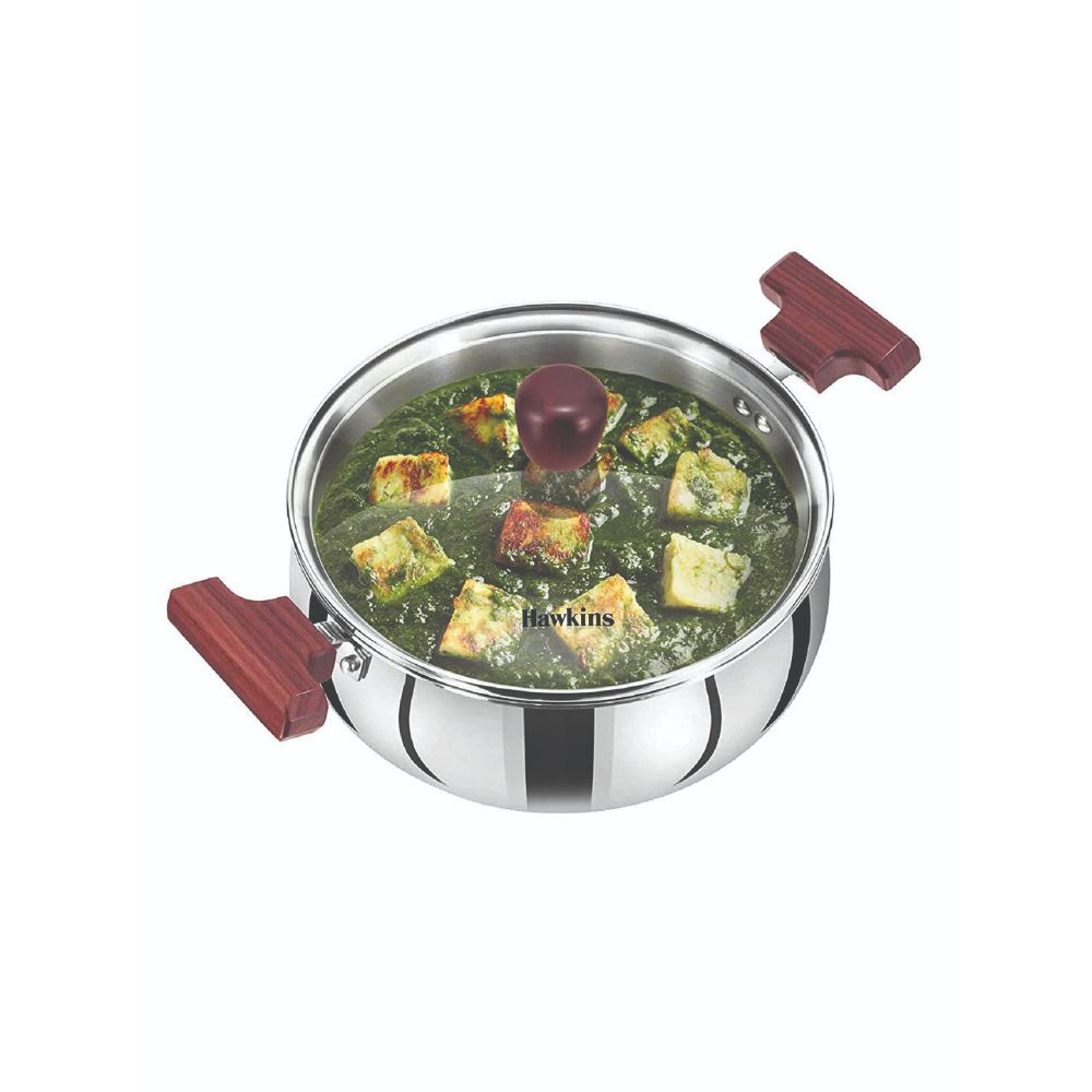 Hawkins 3 Litre Cook n Serve Handi, Triply Stainless Steel Handi with Glass Lid, Induction Sauce Pan, Biryani Handi, Saucepan, Silver (SSH30G)