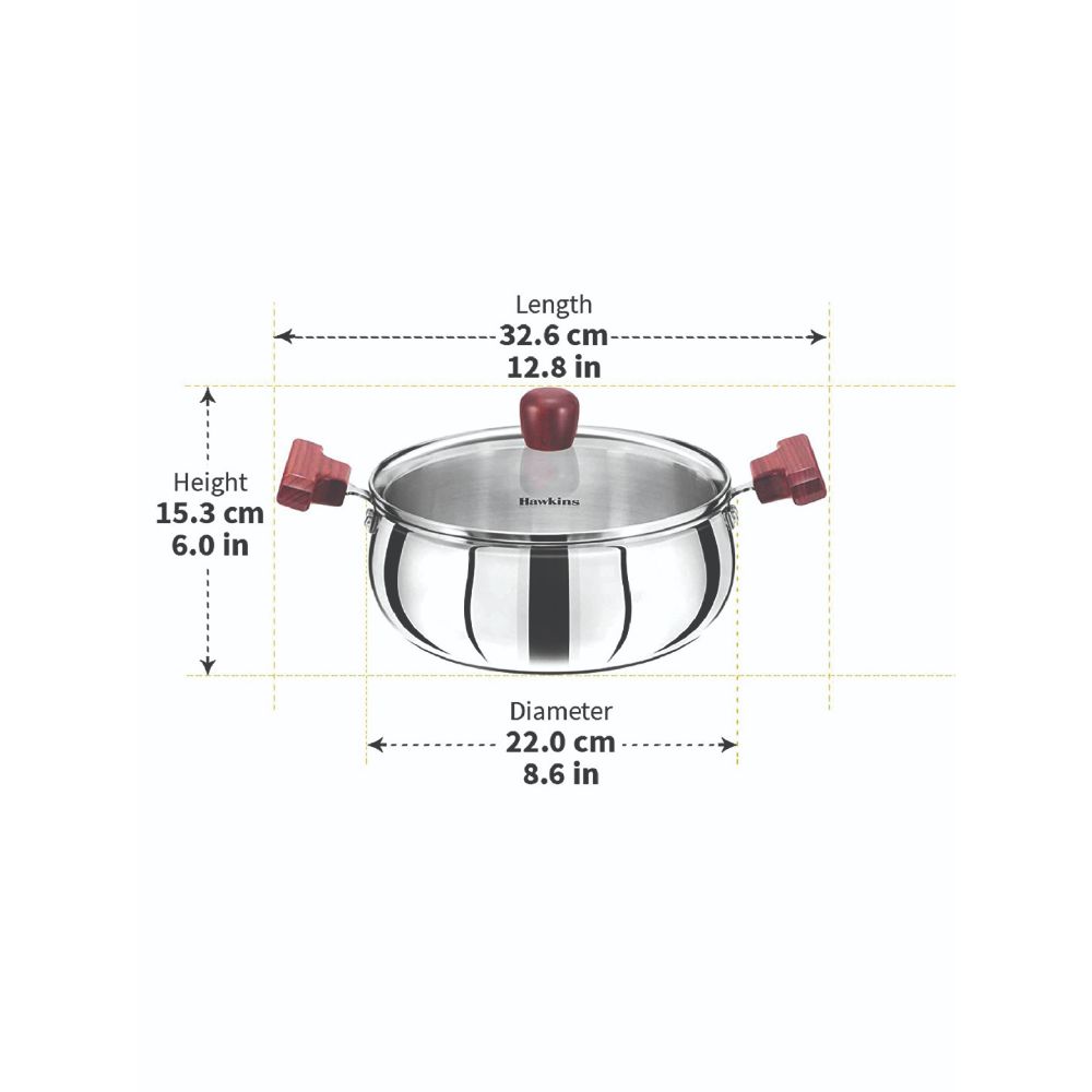 Hawkins 3 Litre Cook n Serve Handi, Triply Stainless Steel Handi with Glass Lid, Induction Sauce Pan, Biryani Handi, Saucepan, Silver (SSH30G)