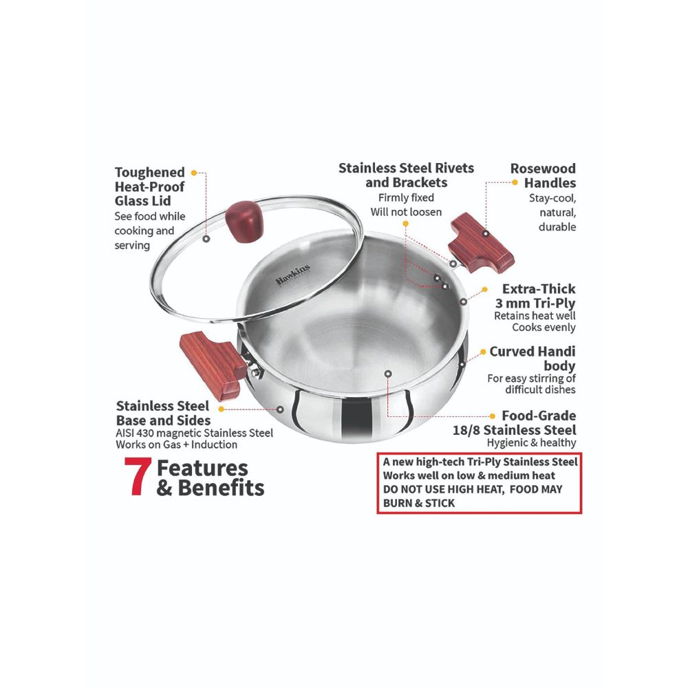 Hawkins 3 Litre Cook n Serve Handi, Triply Stainless Steel Handi with Glass Lid, Induction Sauce Pan, Biryani Handi, Saucepan, Silver (SSH30G)