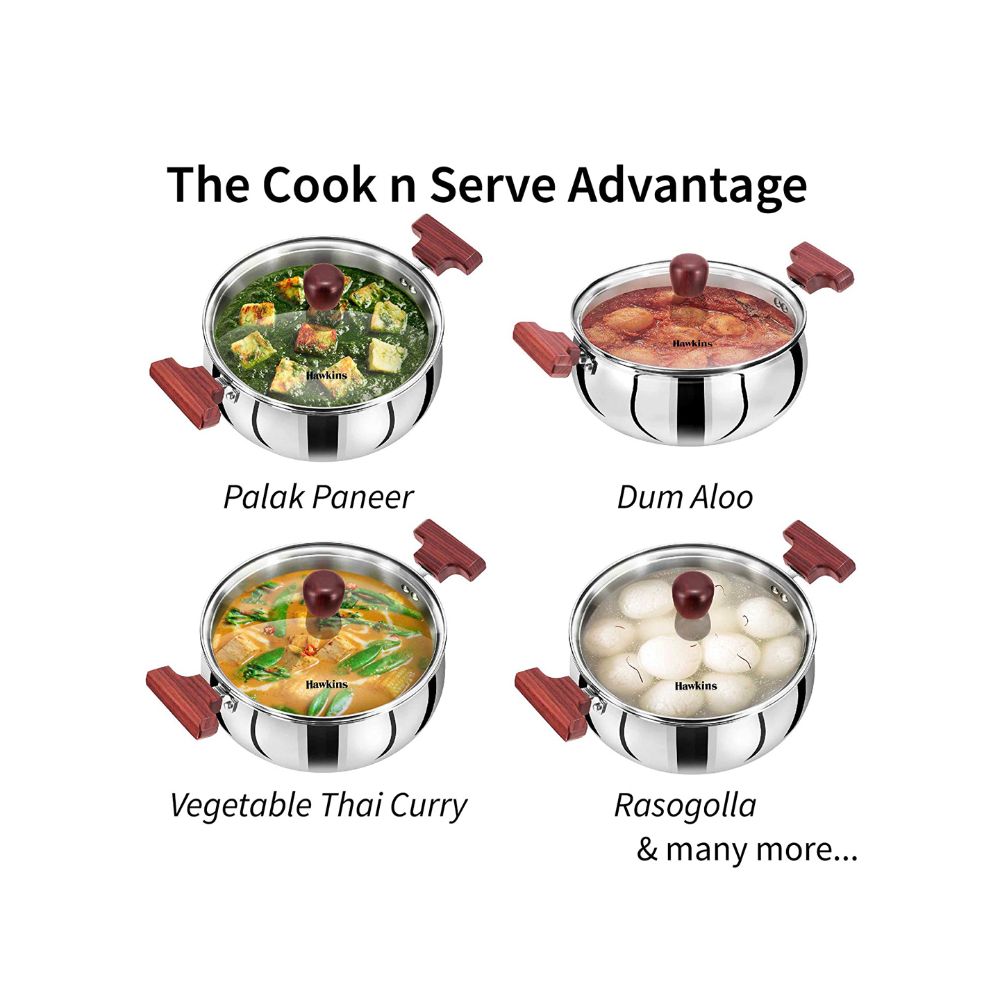 Hawkins 3 Litre Cook n Serve Handi, Triply Stainless Steel Handi with Glass Lid, Induction Sauce Pan, Biryani Handi, Saucepan, Silver (SSH30G)